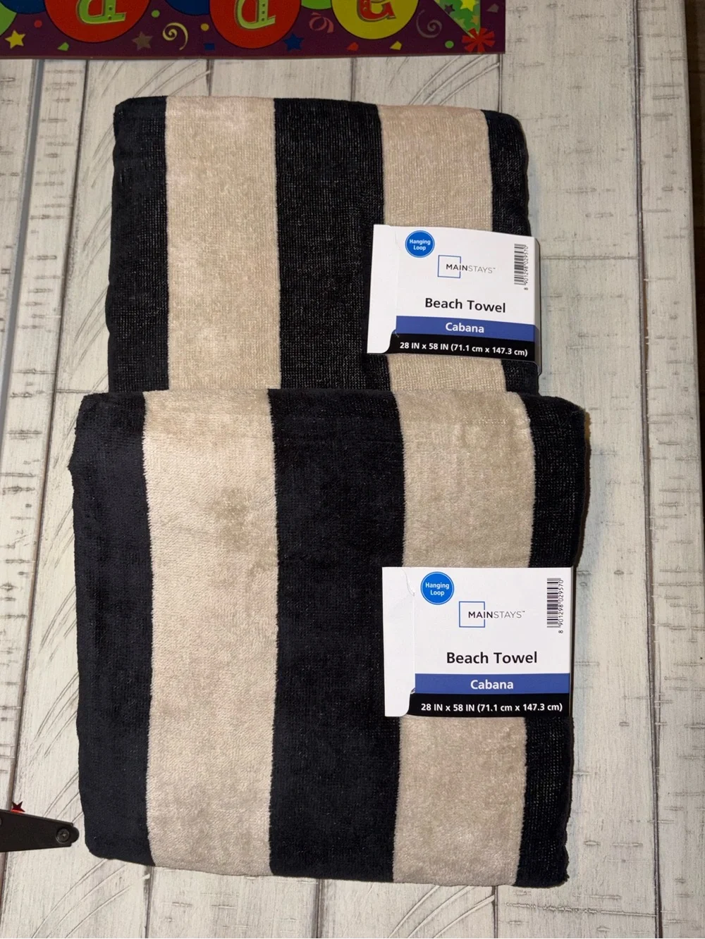 2-Mainstays Cabana Striped Cotton Beach Towel w/ Hanging Loop Black / Tan 28x58